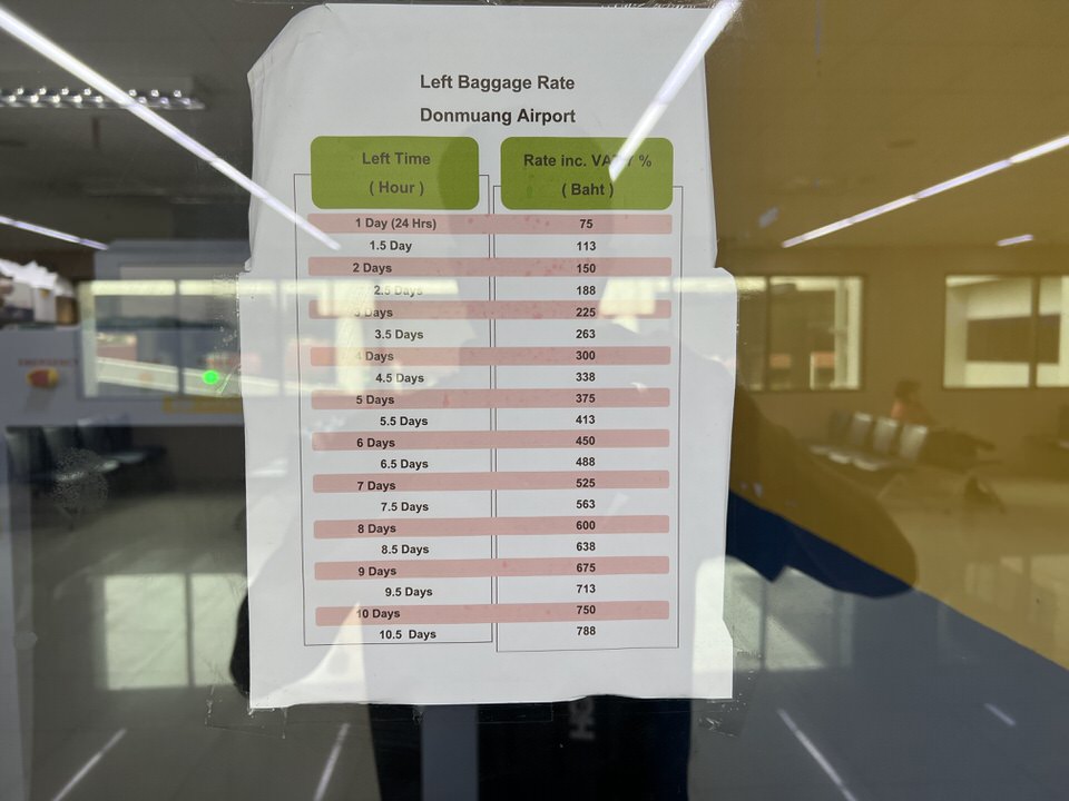 ドンムアン空港のLeft Baggageの料金表